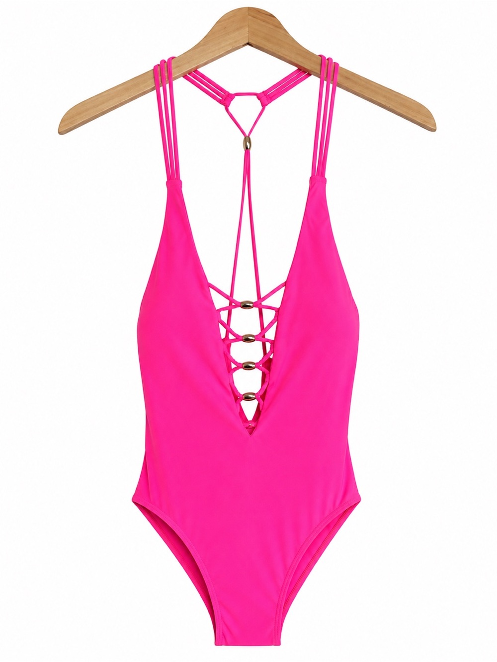 TINIBIKINI Neon Pink One Piece Swimsuit NWT Size Small Plunge Gold Hardware